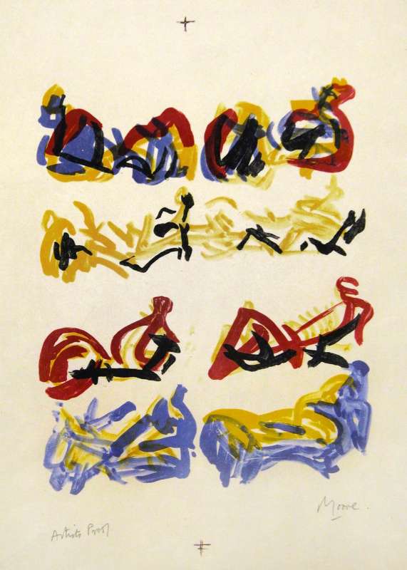 Eight Reclining Figures in Yellow Red and Blue